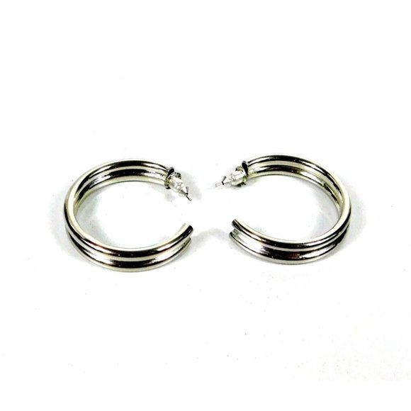 Silver Tone Double Hoop Hollow Pierced Earrings Pushback Closure - Picture 6 of 6